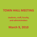 Town Hall meeting for 150 students, staff, faculty, and administrators at the School of the Museum of Fine Arts, Boston to discuss and weigh in on institutional changes (green cards = agreement with the speaker)